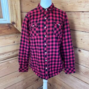 Classic Red Black Checker‎ Plaid Womens Medium Utility Jacket Pearl Snap Buttons